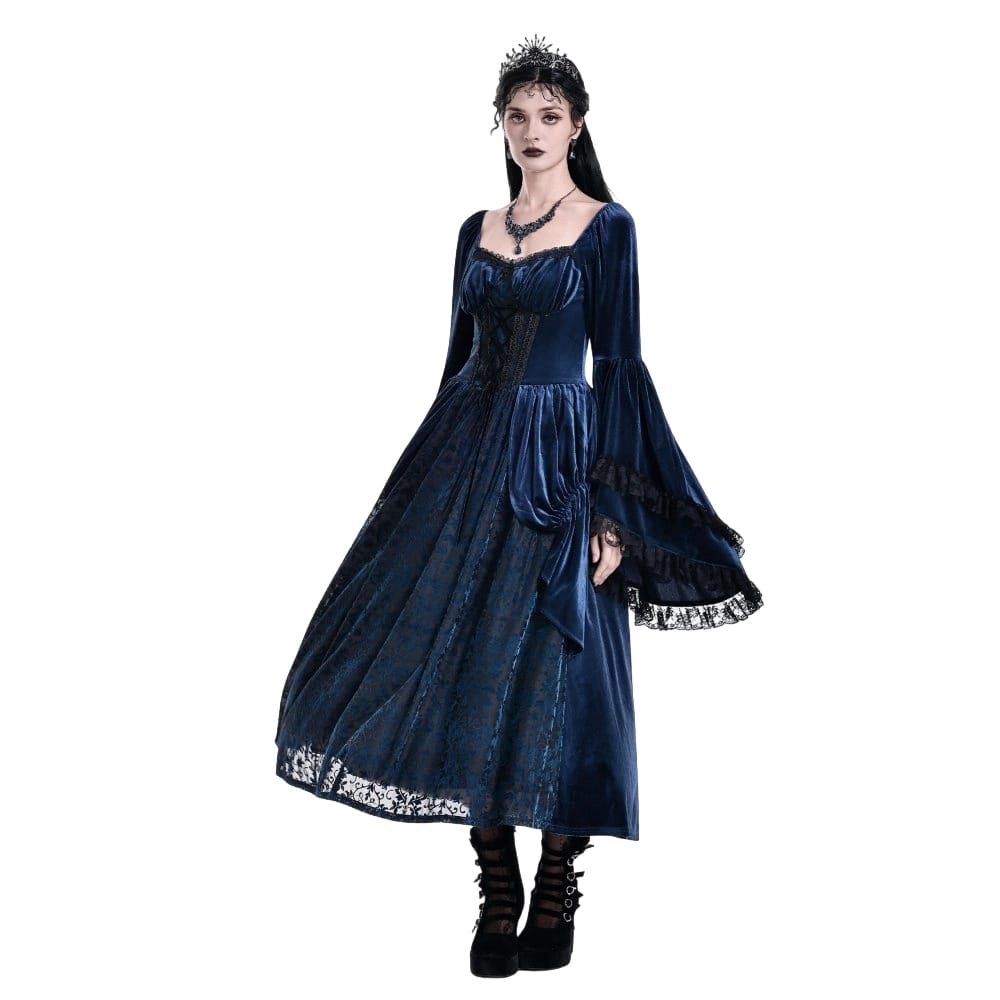 Darkinlove Women's Gothic Lace-up Ruffle Flare Sleeve Maxi Dress Blue