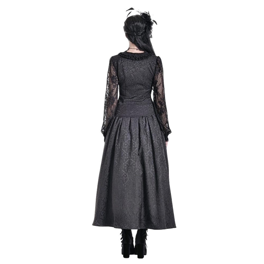 Darkinlove Women's Gothic Lace-up Ruffle Floral Lace Bishop Sleeve Top