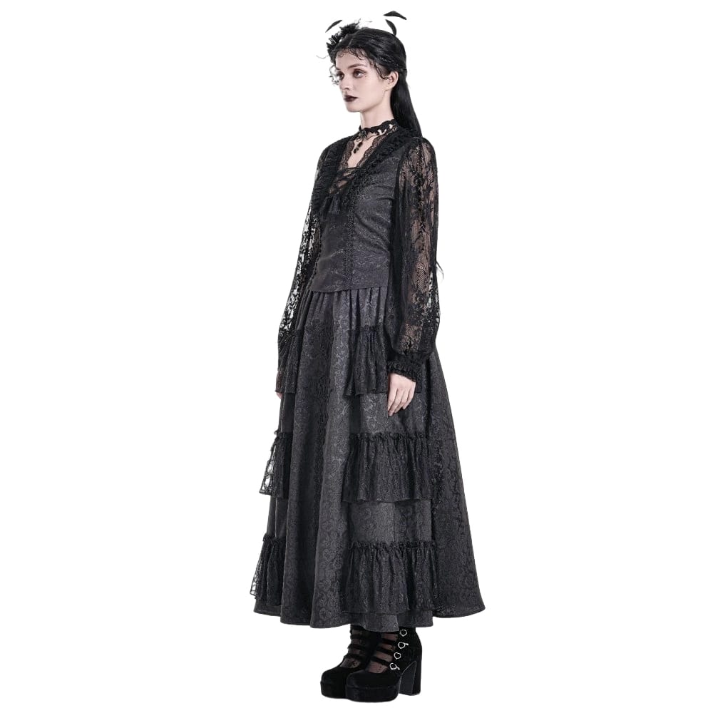 Darkinlove Women's Gothic Lace-up Ruffle Floral Lace Bishop Sleeve Top