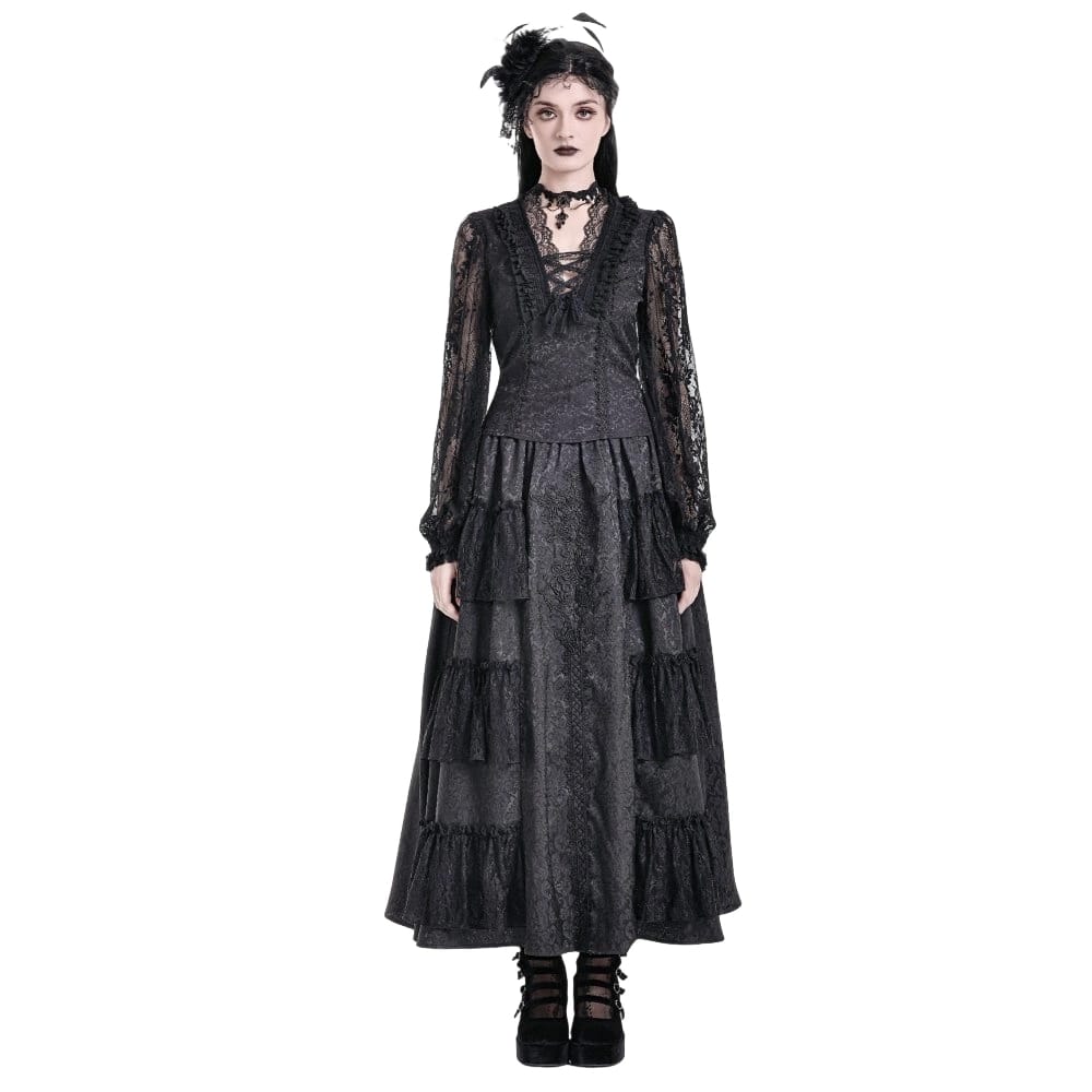 Darkinlove Women's Gothic Lace-up Ruffle Floral Lace Bishop Sleeve Top