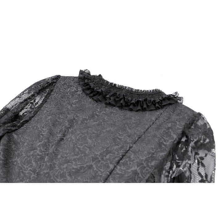 Darkinlove Women's Gothic Lace-up Ruffle Floral Lace Bishop Sleeve Top