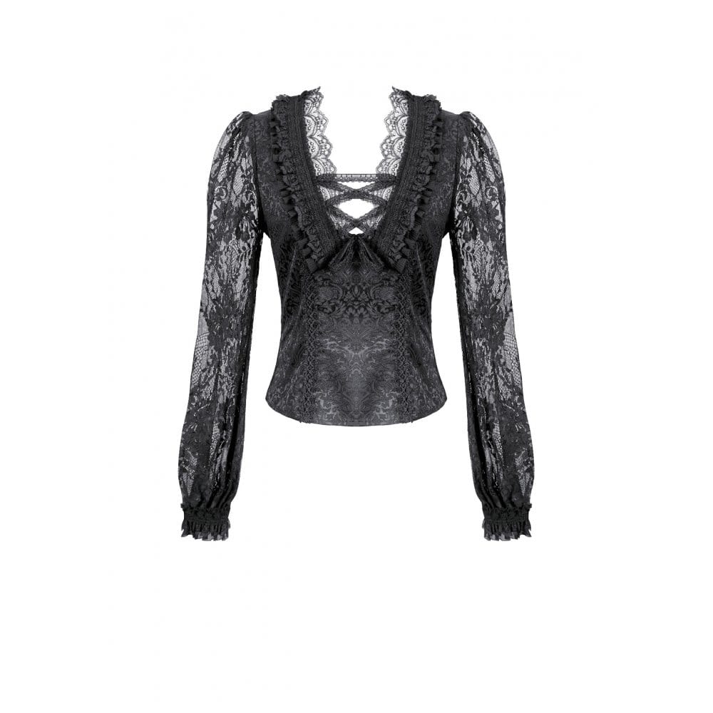 Darkinlove Women's Gothic Lace-up Ruffle Floral Lace Bishop Sleeve Top
