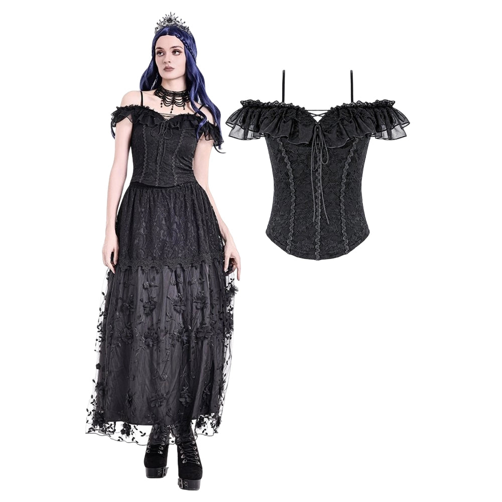 Darkinlove Women's Gothic Lace-up Ruffle Off-shoulder Lace Top