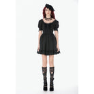 Darkinlove Women's Gothic Lace-up Square-cut Collar Puff Short Sleeved Dress
