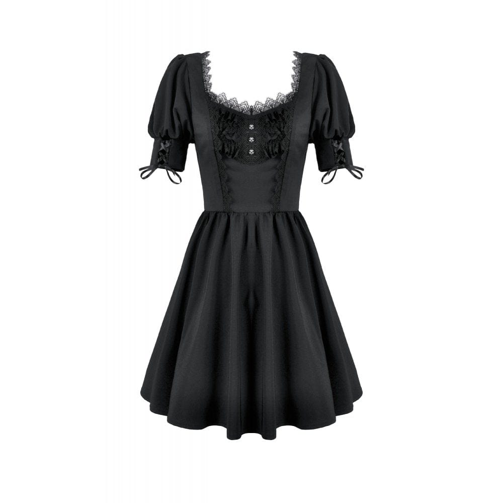 Darkinlove Women's Gothic Lace-up Square-cut Collar Puff Short Sleeved Dress