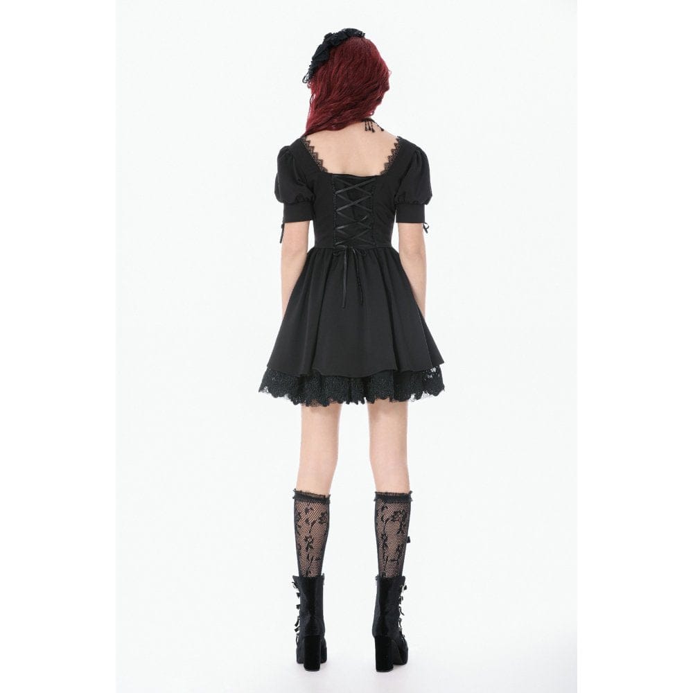 Darkinlove Women's Gothic Lace-up Square-cut Collar Puff Short Sleeved Dress