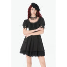 Darkinlove Women's Gothic Lace-up Square-cut Collar Puff Short Sleeved Dress