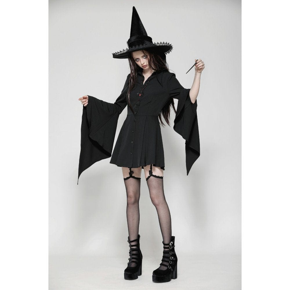 Darkinlove Women's Gothic Lapel Collar Flared Sleeved Witch Dress