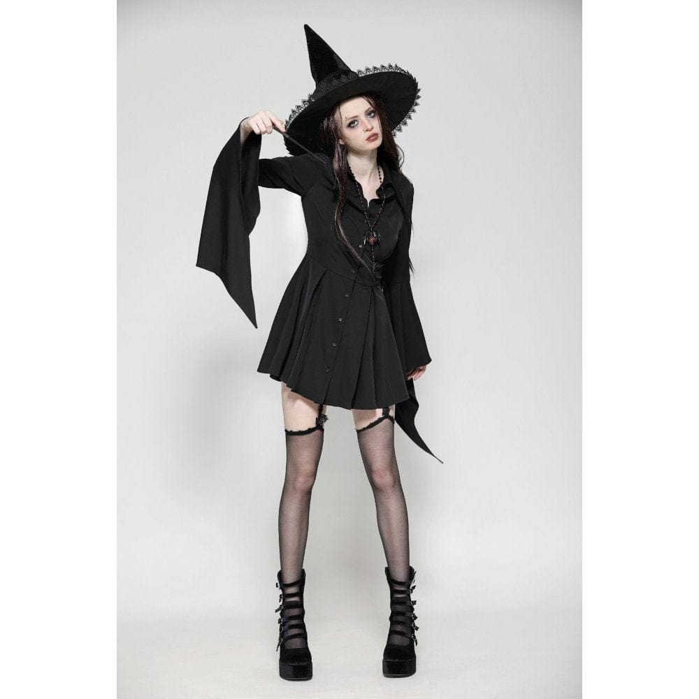 Darkinlove Women's Gothic Lapel Collar Flared Sleeved Witch Dress
