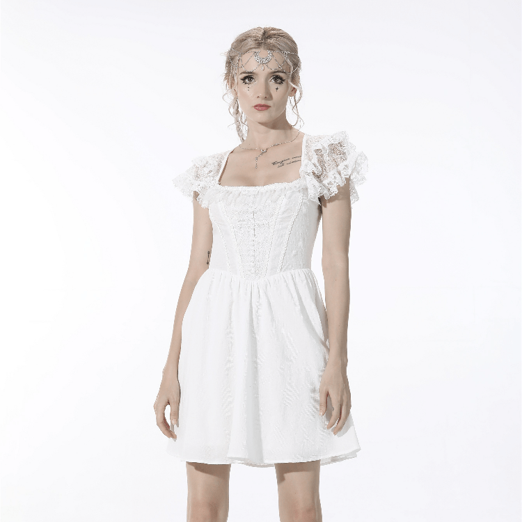 Darkinlove Women's Gothic Layered Collar Strappy White Dress