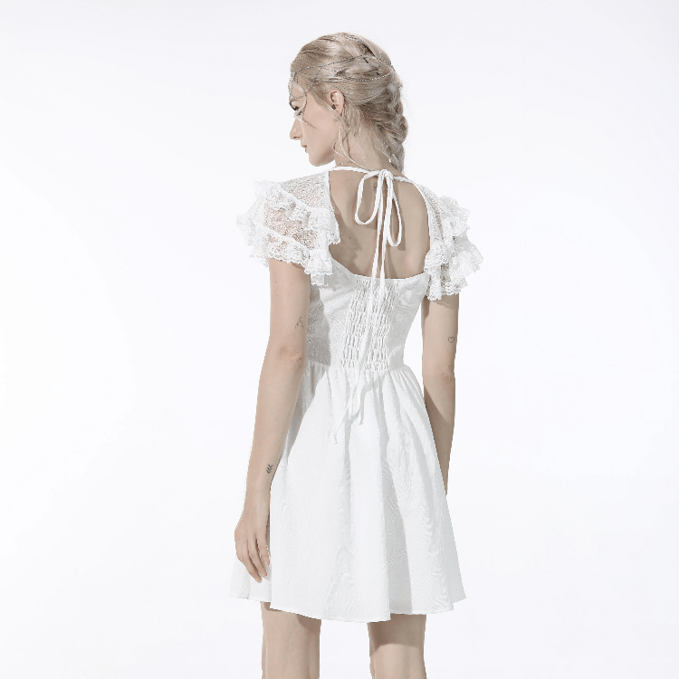 Darkinlove Women's Gothic Layered Collar Strappy White Dress