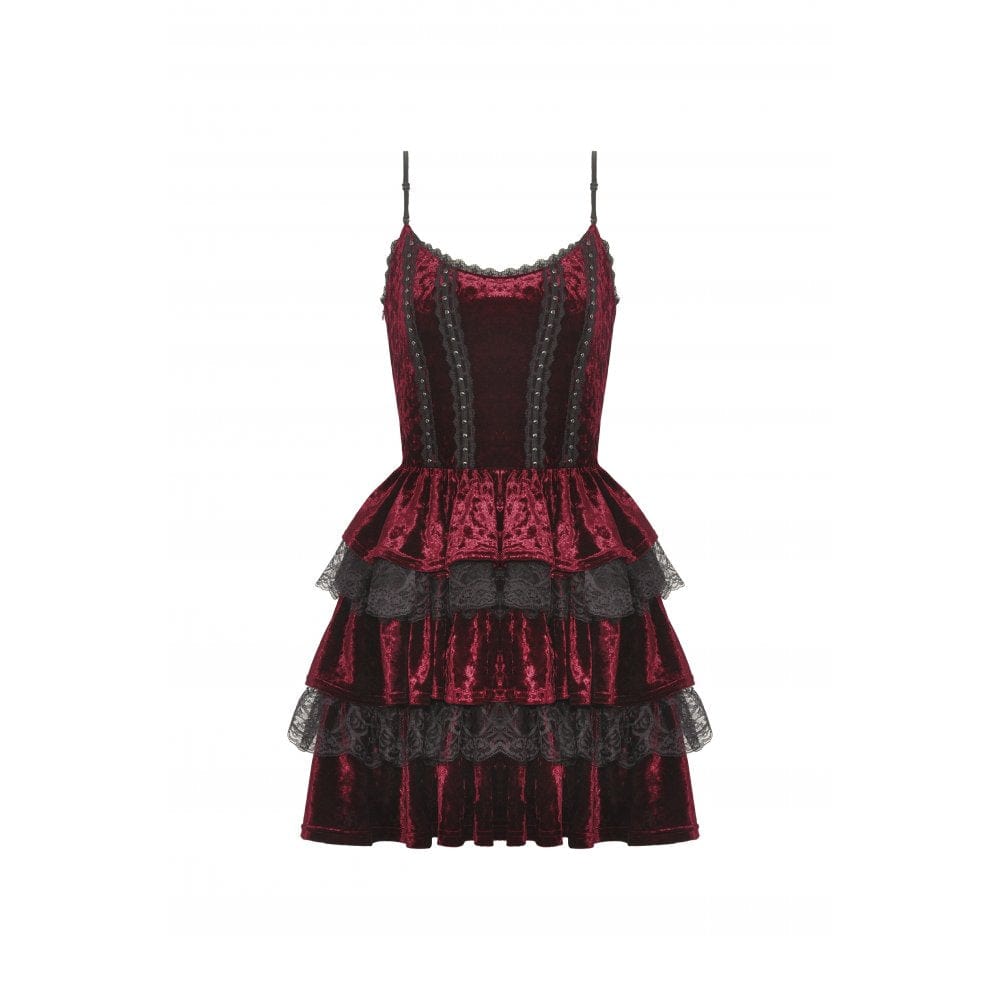 Darkinlove Women's Gothic Layered Lace Splice Velvet Slip Dress