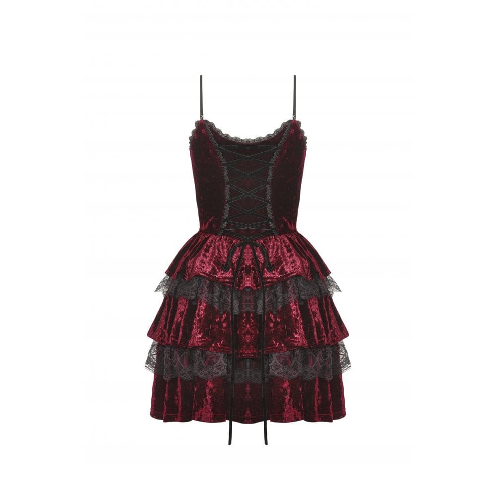 Darkinlove Women's Gothic Layered Lace Splice Velvet Slip Dress