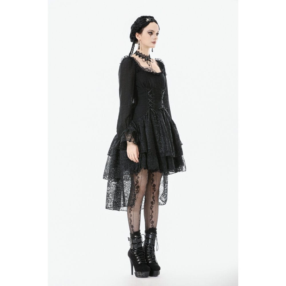 Darkinlove Women's Gothic Layered Lace-up Square-cut Collar Dress