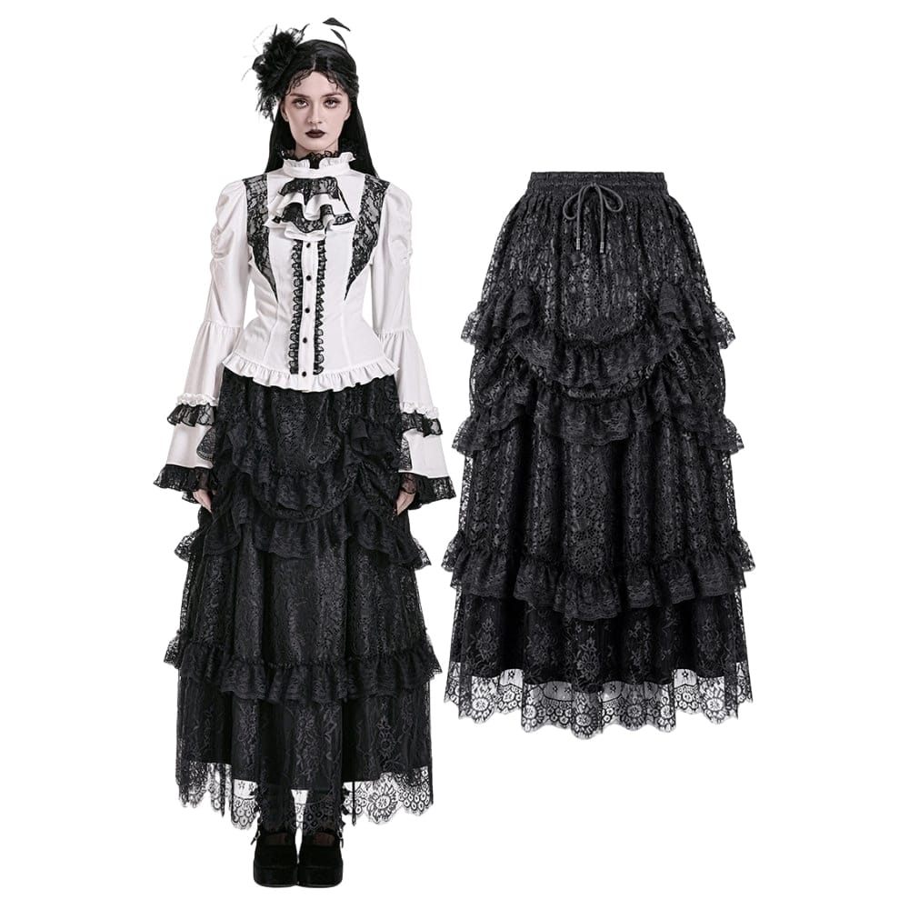 Darkinlove Women's Gothic Layered Ruffle Floral Lace Maxi Skirt