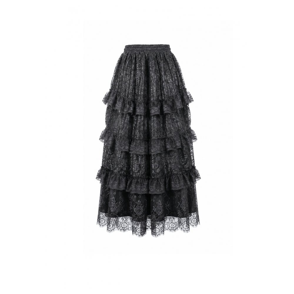 Darkinlove Women's Gothic Layered Ruffle Floral Lace Maxi Skirt