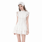Darkinlove Women's Gothic Layered Ruffled Lace Splice White Dress
