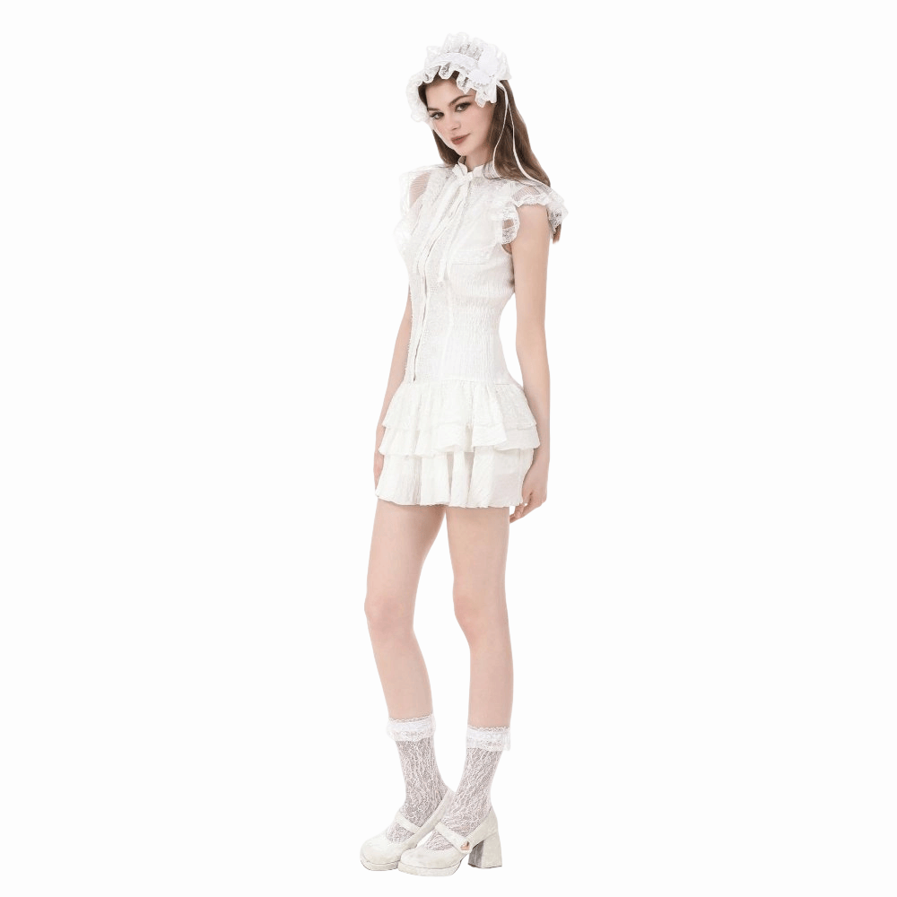 Darkinlove Women's Gothic Layered Ruffled Lace Splice White Dress