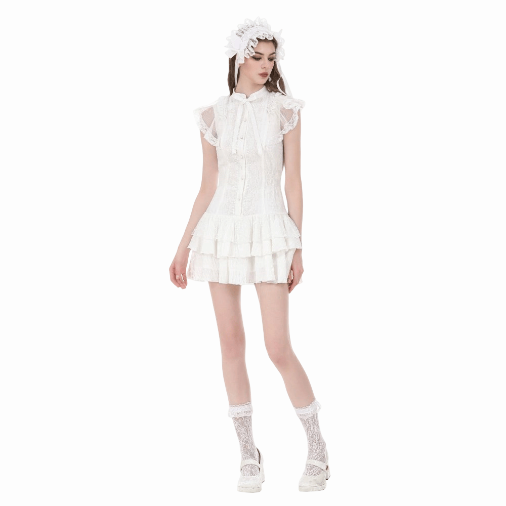 Darkinlove Women's Gothic Layered Ruffled Lace Splice White Dress