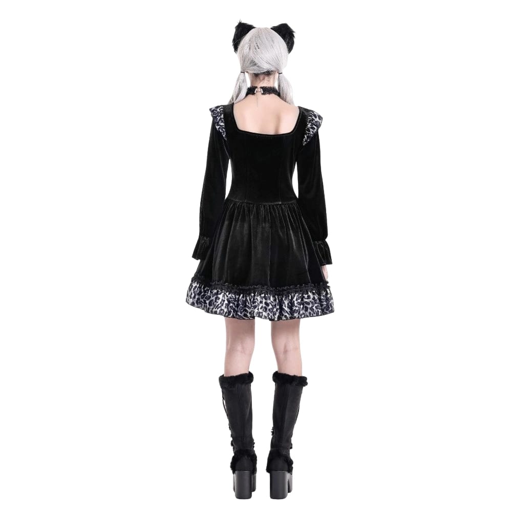 Darkinlove Women's Gothic Leopard Print Ruffle Trim Bishop Sleeve Velvet Short Dressss