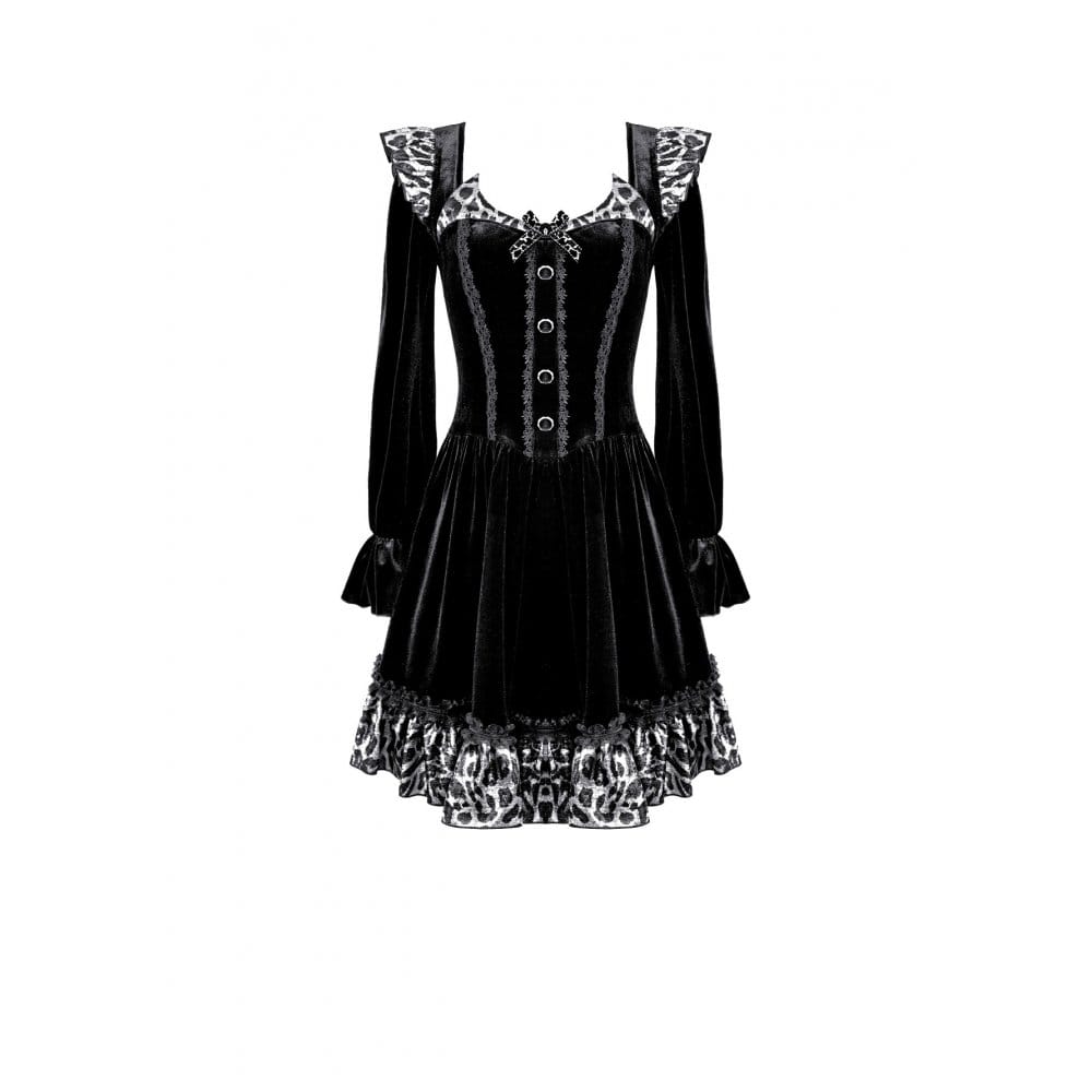 Darkinlove Women's Gothic Leopard Print Ruffle Trim Bishop Sleeve Velvet Short Dressss
