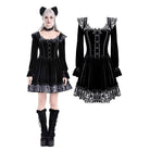 Darkinlove Women's Gothic Leopard Print Ruffle Trim Bishop Sleeve Velvet Short Dressss