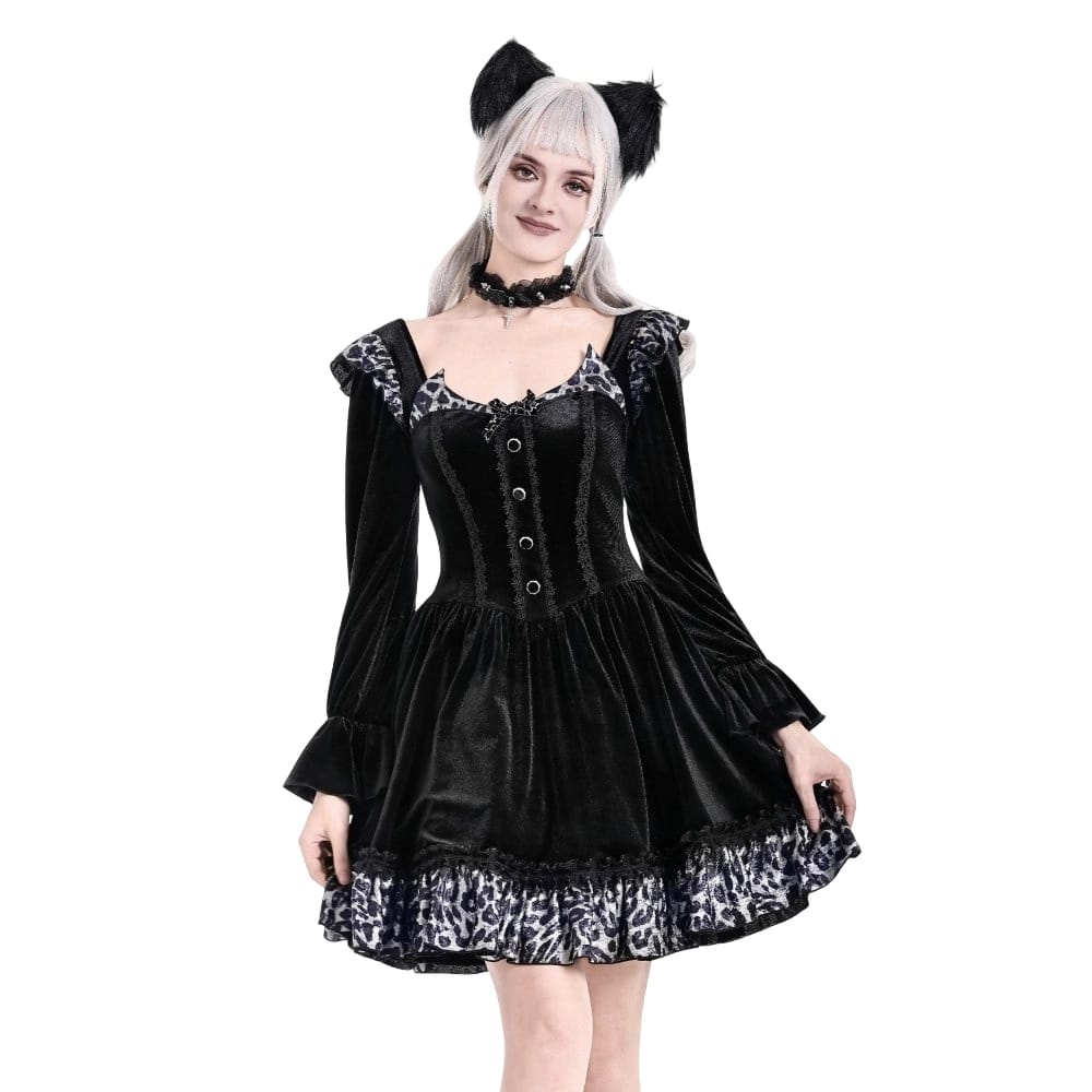 Darkinlove Women's Gothic Leopard Print Ruffle Trim Bishop Sleeve Velvet Short Dressss