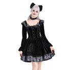 Darkinlove Women's Gothic Leopard Print Ruffle Trim Bishop Sleeve Velvet Short Dressss