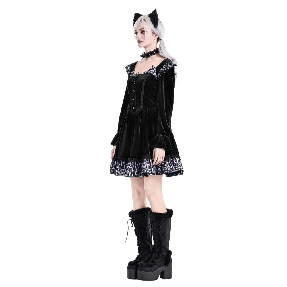 Darkinlove Women's Gothic Leopard Print Ruffle Trim Bishop Sleeve Velvet Short Dressss