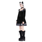 Darkinlove Women's Gothic Leopard Print Ruffle Trim Bishop Sleeve Velvet Short Dressss
