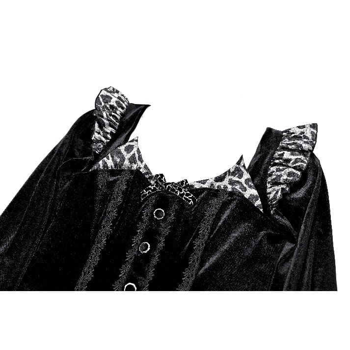 Darkinlove Women's Gothic Leopard Print Ruffle Trim Bishop Sleeve Velvet Short Dressss