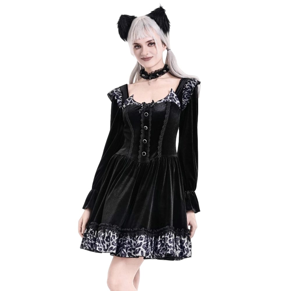 Darkinlove Women's Gothic Leopard Print Ruffle Trim Bishop Sleeve Velvet Short Dressss