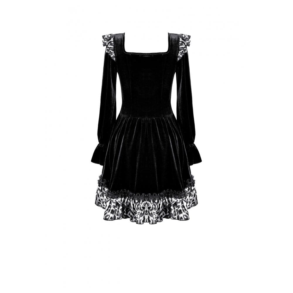 Darkinlove Women's Gothic Leopard Print Ruffle Trim Bishop Sleeve Velvet Short Dressss
