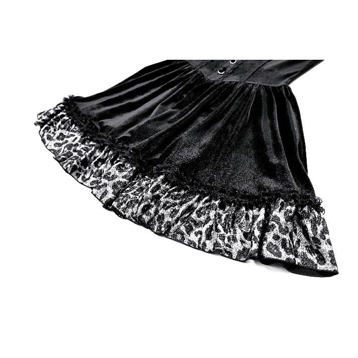 Darkinlove Women's Gothic Leopard Print Ruffle Trim Bishop Sleeve Velvet Short Dressss