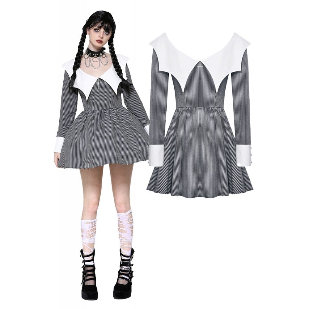 Darkinlove Women's Gothic Lolita Bat Striped Short Dress Gray White