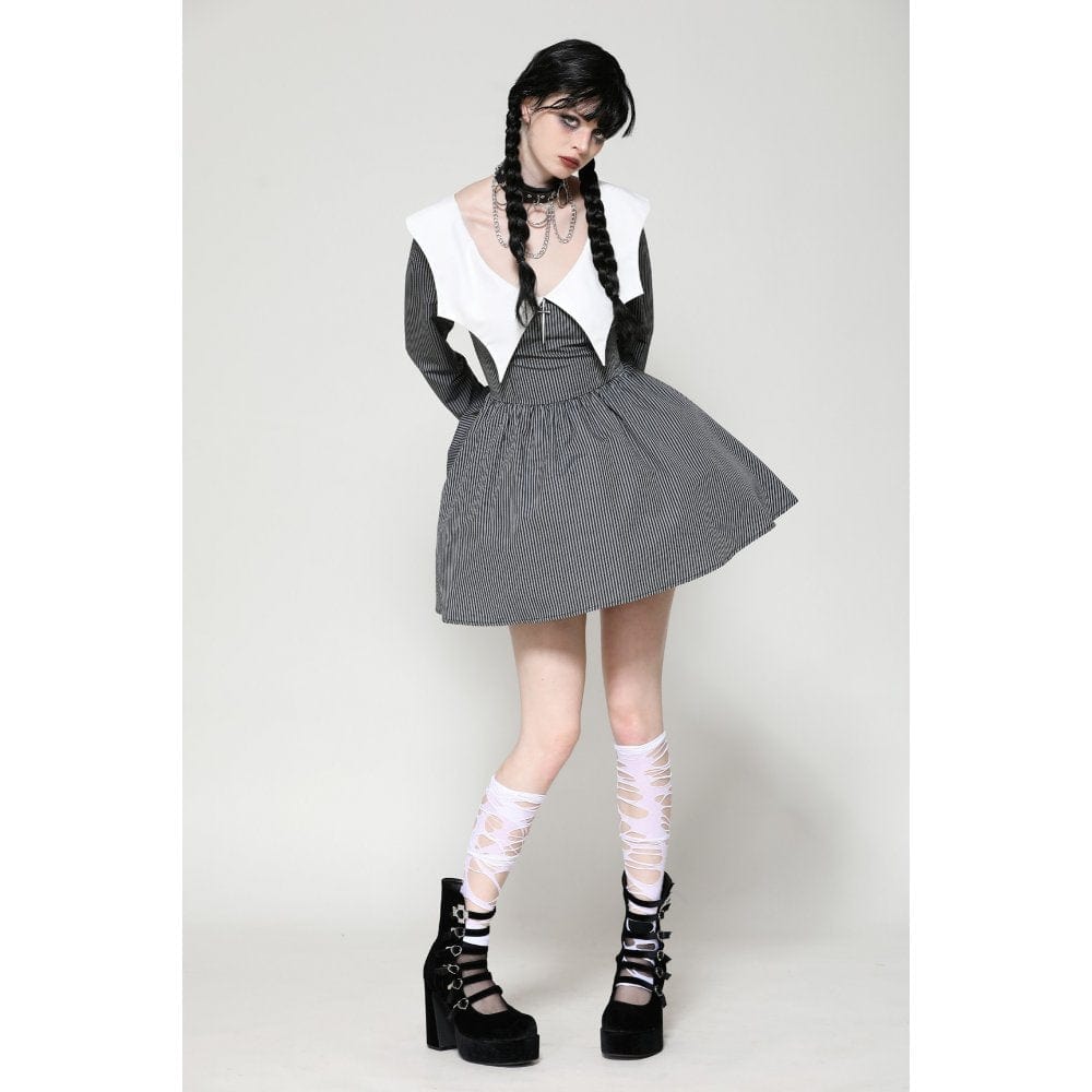 Darkinlove Women's Gothic Lolita Bat Striped Short Dress Gray White