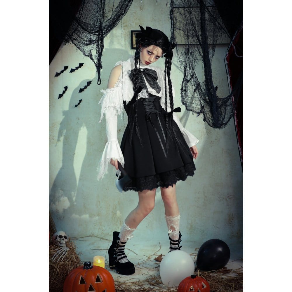 Darkinlove Women's Gothic Lolita Bowknot Short Dress Black White