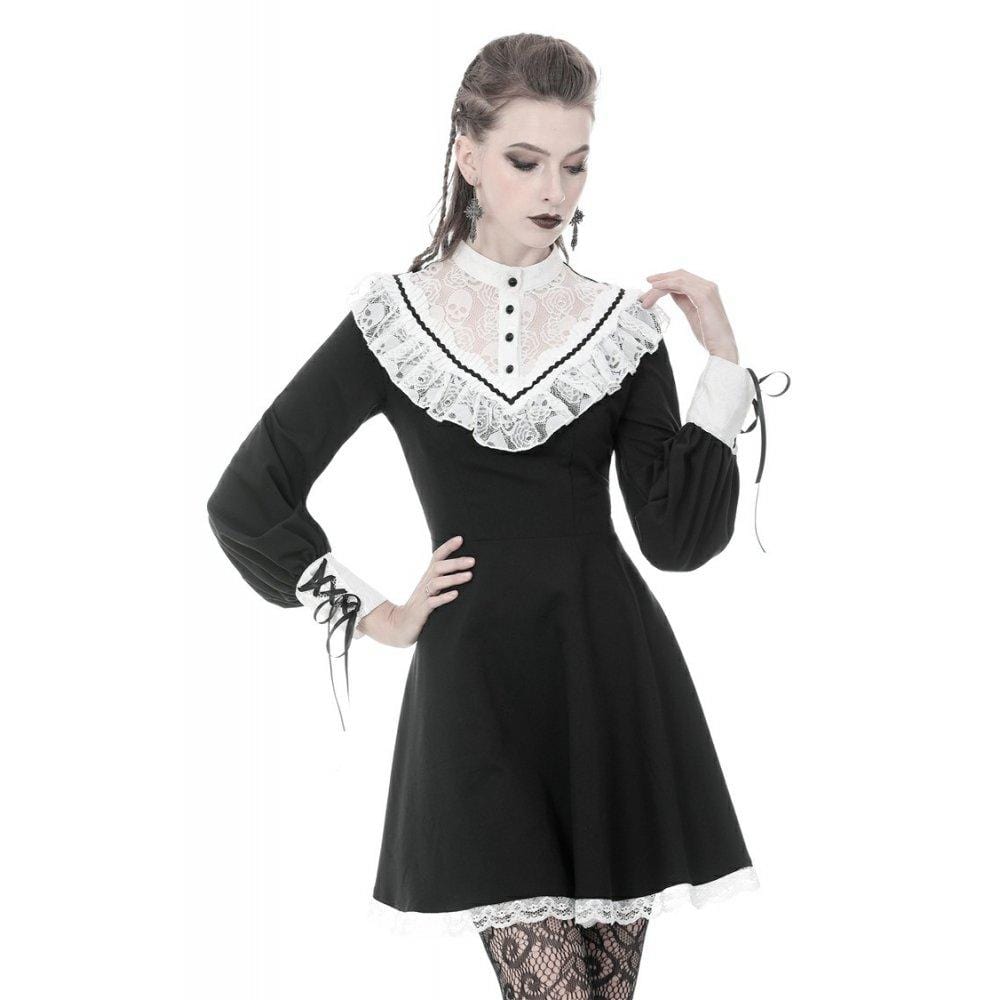Darkinlove Women's Gothic Lolita Bubble Sleeved Dresees With Lace Ruffled Collar