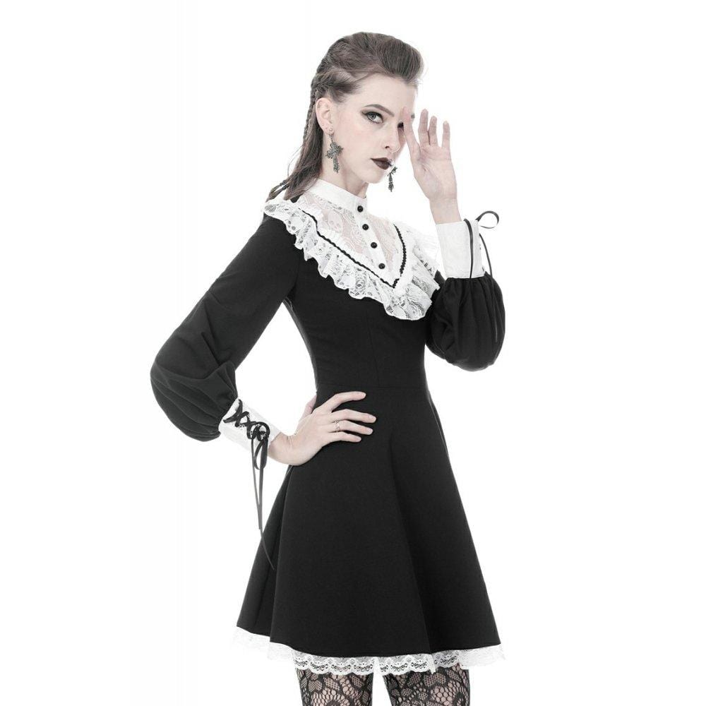 Darkinlove Women's Gothic Lolita Bubble Sleeved Dresees With Lace Ruffled Collar