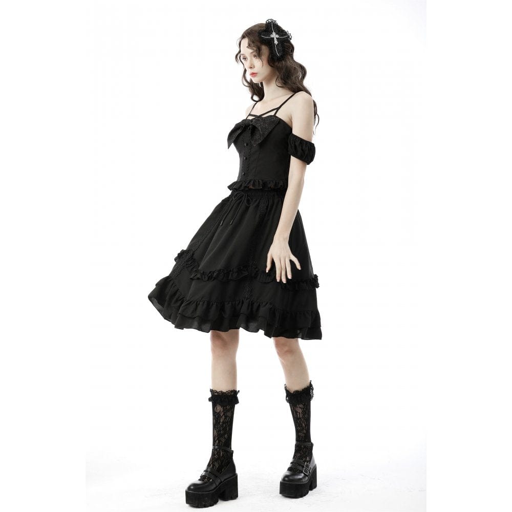 Darkinlove Women's Gothic Lolita Off Shoulder Bowknot Short Sleeved Crop Top