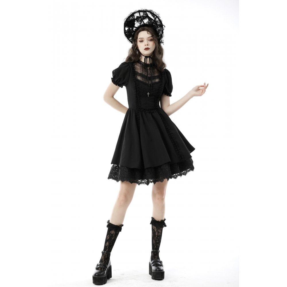 Darkinlove Women's Gothic Lolita Puff Sleeved Lace Doll Dress
