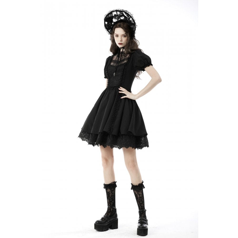 Darkinlove Women's Gothic Lolita Puff Sleeved Lace Doll Dress