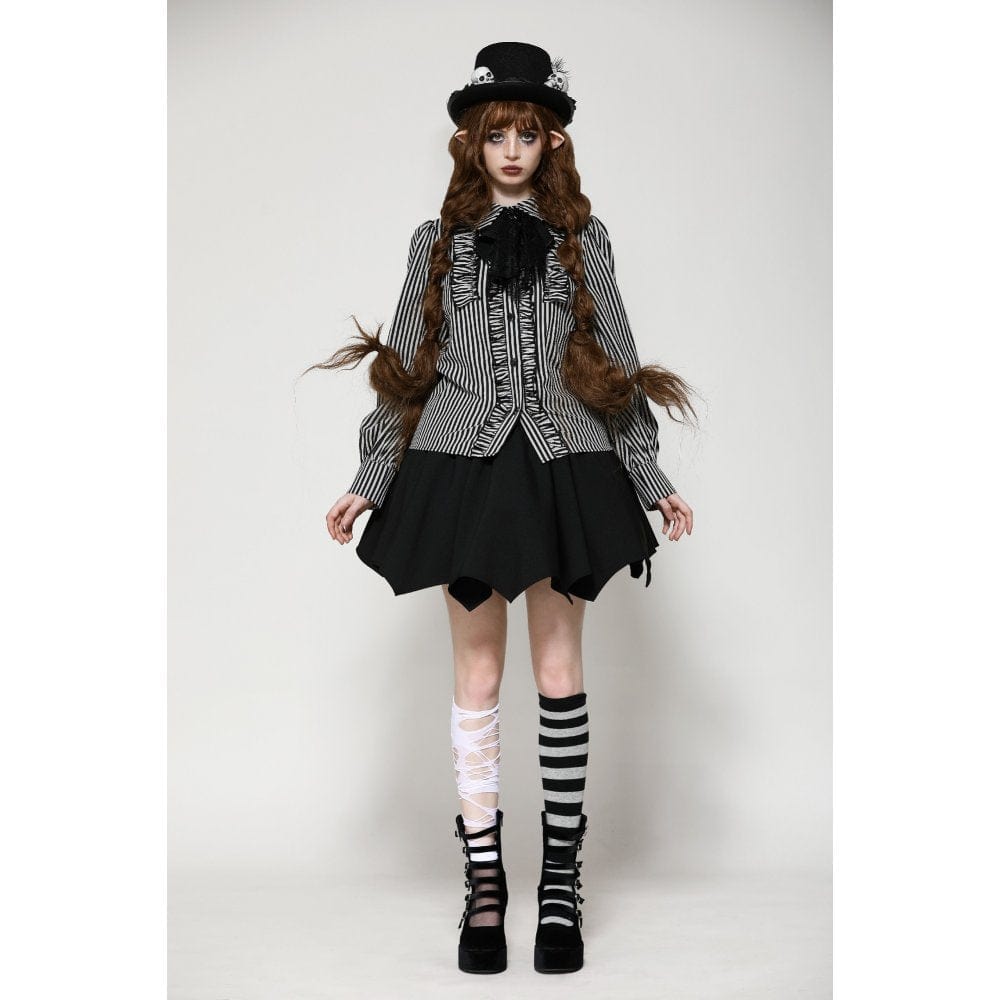 Darkinlove Women's Gothic Lolita Striped Long Sleeved Shirt Gray