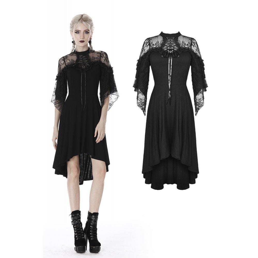 Darkinlove Women's Gothic Long Sleeved Floral Lace Shoulder Ruffled Dresses