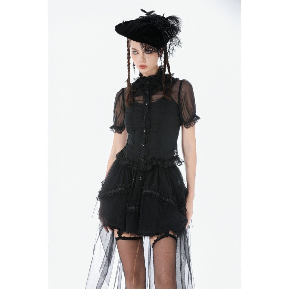 Darkinlove Women's Gothic Mesh Sheer Ruffled Short Sleeved Shirt