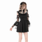 Darkinlove Women's Gothic Mesh Splice Ruffled Cutout Long Sleeve Dress
