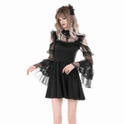 Darkinlove Women's Gothic Mesh Splice Ruffled Cutout Long Sleeve Dress