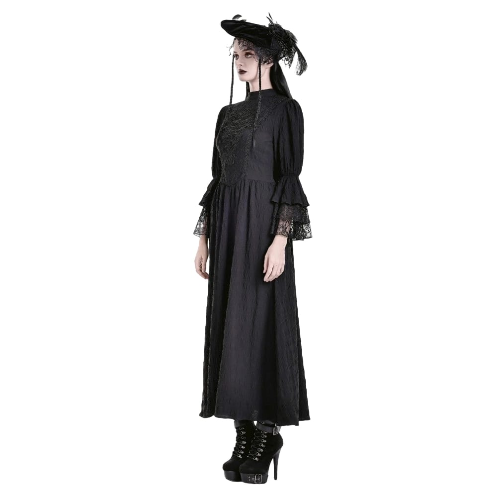 Darkinlove Women's Gothic Mock Neck Guipure Lace Bell Sleeve Maxi Dress