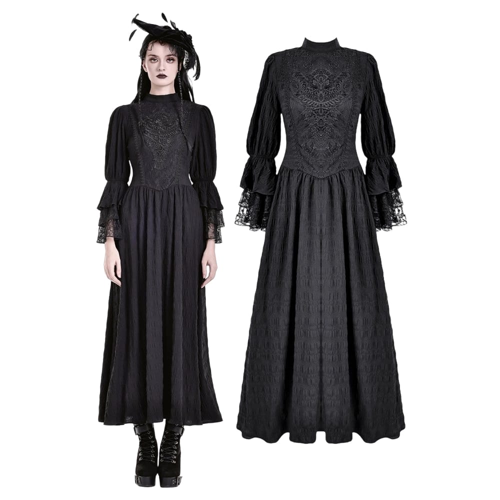 Darkinlove Women's Gothic Mock Neck Guipure Lace Bell Sleeve Maxi Dress