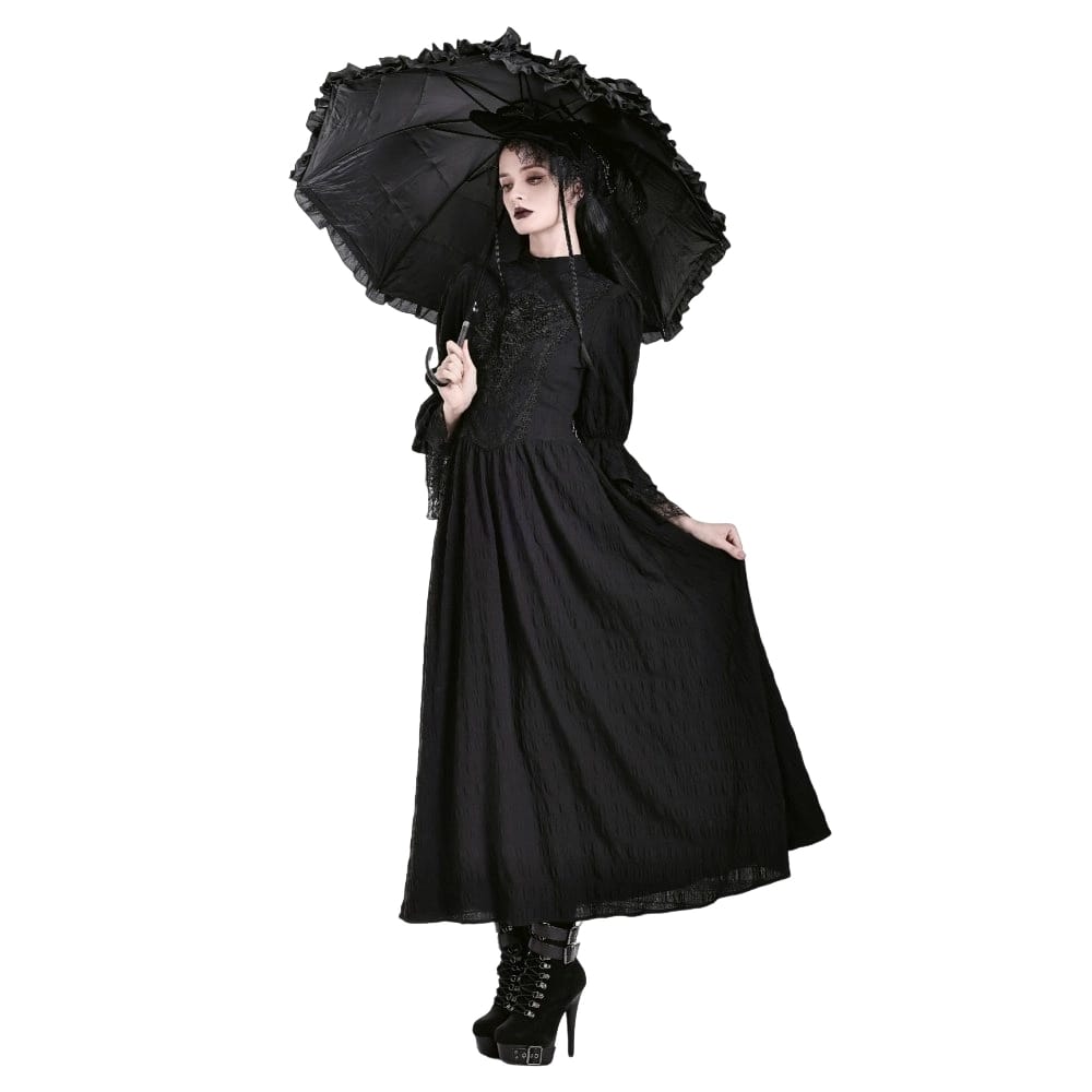 Darkinlove Women's Gothic Mock Neck Guipure Lace Bell Sleeve Maxi Dress